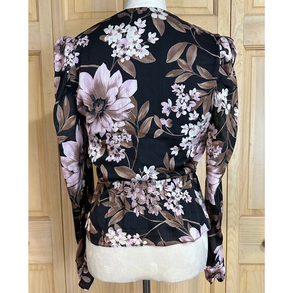WAYF Black Floral Puff Shoulder Crossover Surplice Peplum Blouse Top Sz XS - Picture 3 of 7